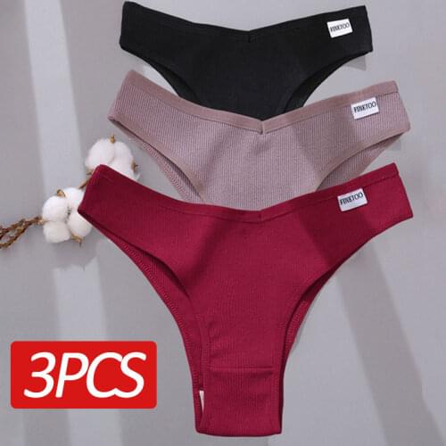 FINETOO 3PCS Brazilian Panties Cotton Womens Panties V Waist G-String Underwear Female T-back Underpants Lady Bikini Panty M-XL