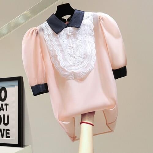 Blusas Women Sexy See-through Short Sleeve Shirt 2021 Summer Korean Style Lace Embroidered Casual All-Matching Pullover Blouses
