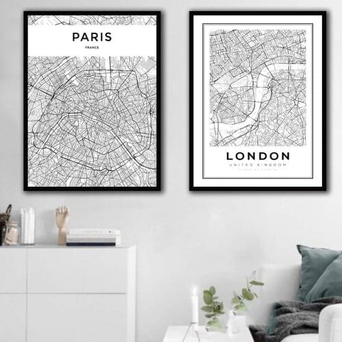 Paris London Map Black and White Modern Minimalist Canvas Printing Wall Art Decoration Wall Paintings for Living Room B5333