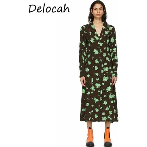 Delocah New 2021 Autumn Women Fashion Designer Dress Lantern Sleeve Single Breasted Pockets Printed Loose Shirts Style Dresses