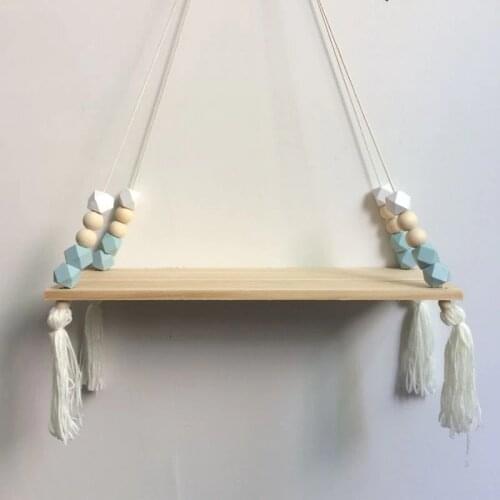 Nordic Style Wooden Bead Tassels Storage Rack Wall Rope Hanging Shelf For Decor Of Bedroom Living Room Kitchen Office