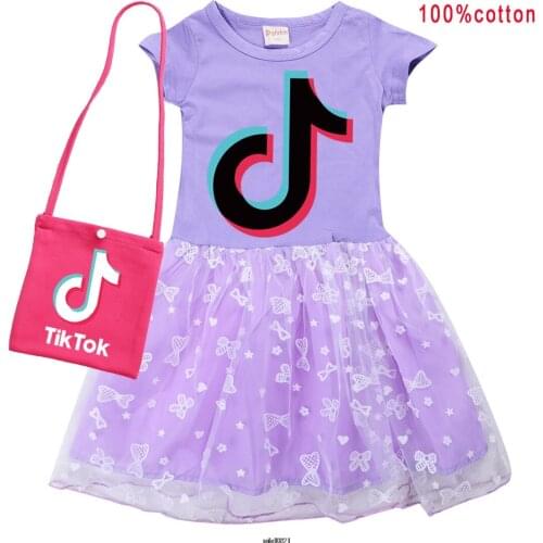 Tik Tok Girls Kids Cotton Shirt Gauze Mesh Cartoon Print Princess Dress +Bag Children Baby Birthday Party Clothes