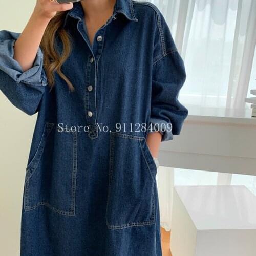 Denim Dress Womens Spring Clothing Full Sleeve Turn-Down Collar Jeans Dresses Casual Loose Female Street Wear Denim Robe Dress