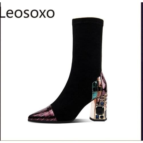 Elegance Womens Boots Stretdh Fabric High Heel Autumn Women Fashion Crystal Heels Pumps Pointed Toe Slip on