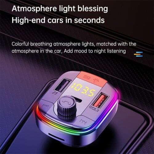 FM Transmitter Car Mp3 Player Handsfree Calling 2 USB Port with PD QC 3.0 Fast Charge Car Kit Bluetooth 5.0 Adapter Colorful