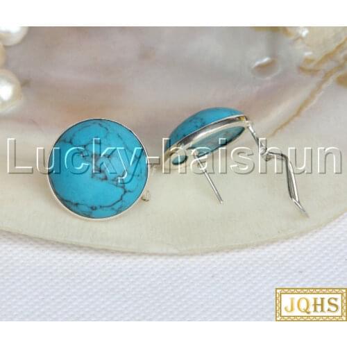 JQHS AAA clip Stud Genuine coin fastener 21mm blue turquoises Earrings 925s silver j11797