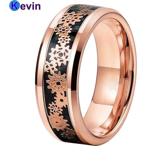 8MM Rose Gold Gear Ring Mens Womens Tungsten Wedding Band Ring With Rose Gold Gear wheel Black Carbon Fiber Inlay