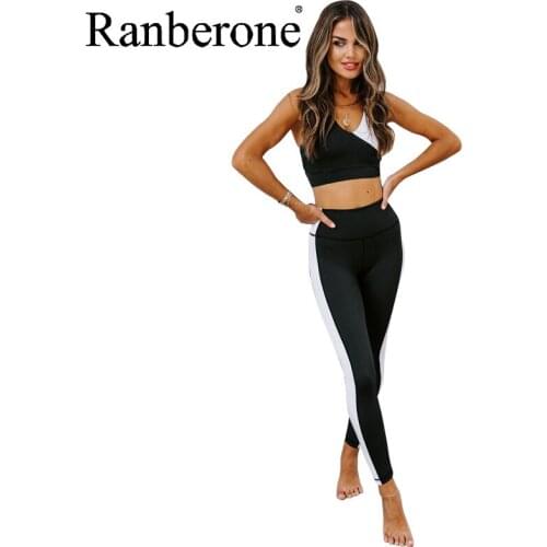 Ranberone Yoga Sets Women Gym Clothes 2 Piece Suit Sport Wear Fitness Patchwork Womens Bra Vest + Leggings Gym Clothing 2021