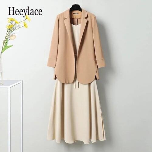 Korean Loose Thin 2 Piece Sets Women Plus Size Casual Blazer + Spaghetti Strap Dress Suit Office Ladies Elegant Two Piece Outfit