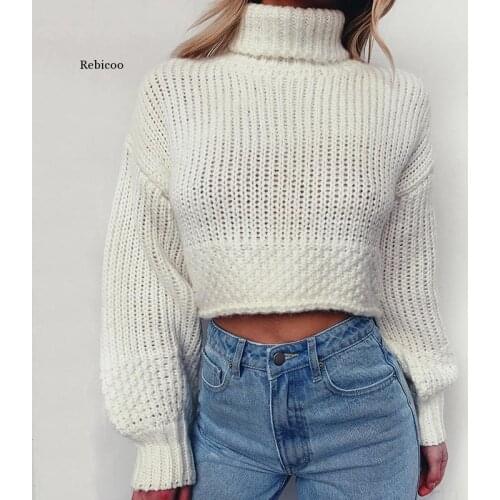 Short White Crop Top Sweater Women Puff Long Sleeve Elegance Jumper Turtleneck Knitted Loose Casual Solid Sweaters Female