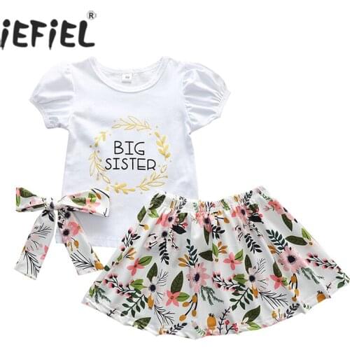 Summer Clothes Sets For Girls 1-5Years Toddler Kids Girl Big Sister Printed T-shirts+Floral Skirts Outfits 2Pcs Children Costume