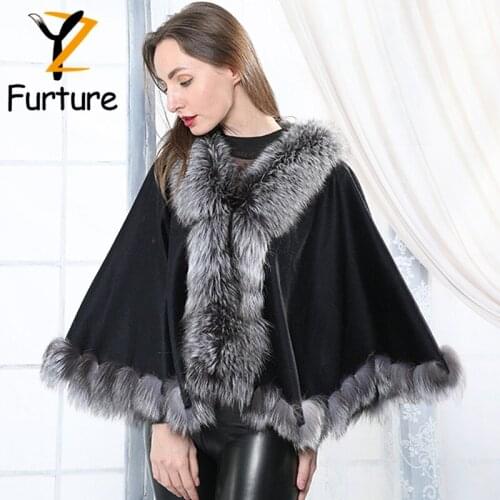 Fashion Loose Real Fox Fur Cape Cashmere Coat Shawl Gray Bat Style Design Warm Wrap Genuine Fox Fur Cloak Women Winter Shawl New
