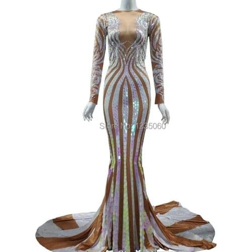New Mutilcolor Sequins Long Sleeve Rhinestones Dress Women Prom Party Celebrate Party Long Tail Dress Sexy Evening Bodycon Dress