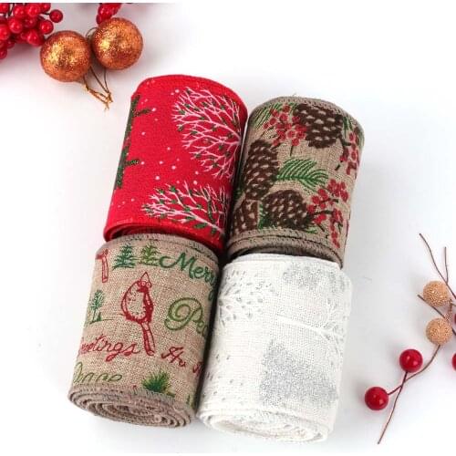 Christmas Ribbon By The Meter Text Trees Snowflake Pattern Printed Linens Fabric DIY Bows Materials Home Decoration Accessories