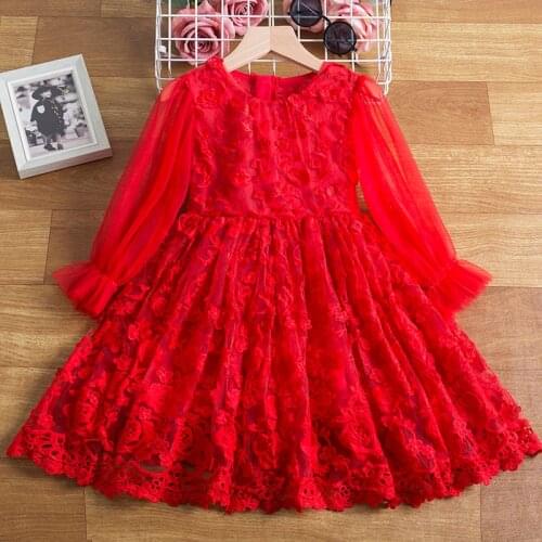 Girls Christmas Lace Dresses Kids Winter Long Sleeve Tulle Flower Tutu Clothes Children Wedding New Year Party Princess Costume