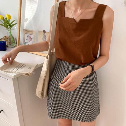 2020 Women Summer Pure Cotton Slim Short Tank Top Female Sleeveless Square Collar T Shirt Out Wear Vest Basic Camis