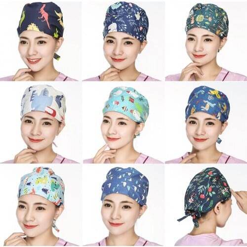 Women Scrubs Caps Cartoon Printed Cotton Sweatband Caps Bandage AdjustableHats Anti-dust Workwear Christmas Hats Sombrero
