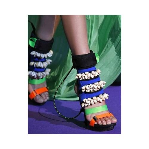 Ladies Color Block Strappy Sandals Drape Shell Decorated Dress Shoes Cut-out Stiletto Heels Wedding Pumps Pearl Banquet Shoes