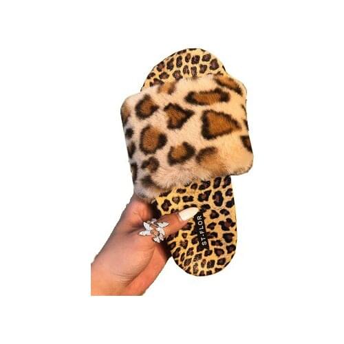 Women Slip House Slippers Faux Fur Leopard Print Fashion Warm Shoes Flats Female Slides White Grey Pink Home Furry