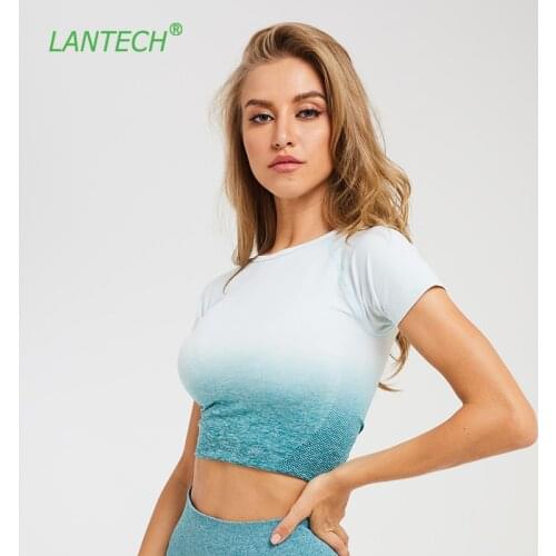LANTECH Gym Shirts Seamless Crop Tops Yoga Fitness Women Compression Tights Sports Short Sleeve Running Workout Ombre Sportswear
