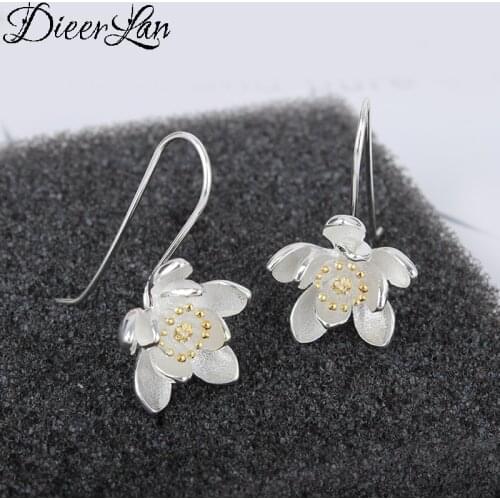 DIEERLAN Luxury Brand Trendy 925 Sterling Silver Lotus Flower Earrings for Women Wedding Statement Jewelry Brincos Pendientes
