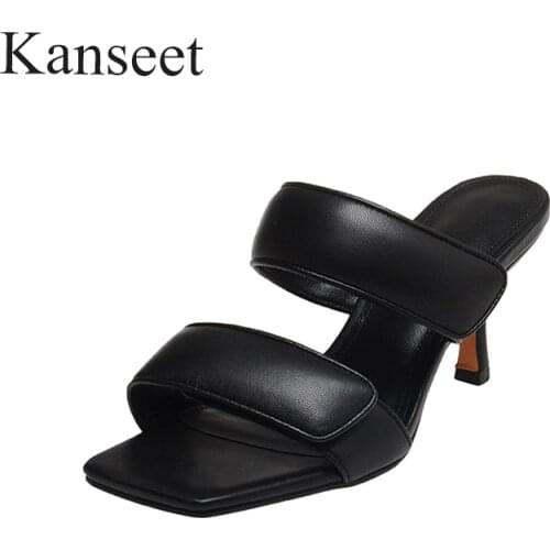 Kanseet Genuine Leather Square Toe Concise Thin Heels Women' s Slippers High Heels Shoes Casual Basic Woman Shoe 2021 Summer New