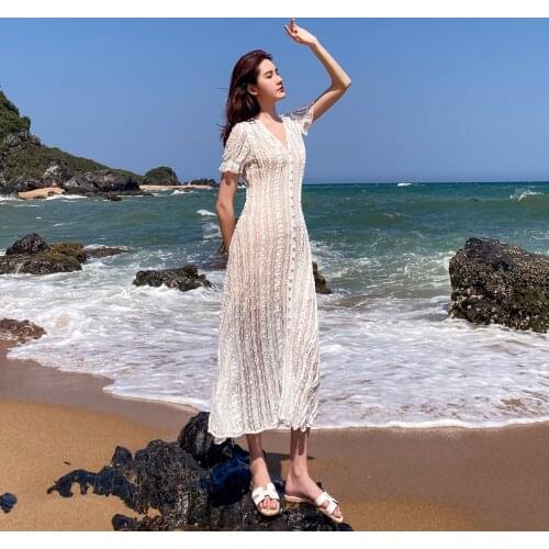 Puff Sleeeve Boho Fashion Sexy White Lace Short Sleeve Party Dress High Quality Women Perspective V-neck Holiday Long Dresses