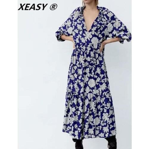 XEASY 2021 Women Fashion Floral Print Loose Midi Dress Vintage V-Neck Three Quarter Sleeve Ruffle Female Dresses Vestidos Mujer