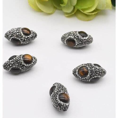 5pcs/lot 15x30mm High Quality Light Dark brown Tiger eye Beads Trimmed With Crystal Zircon