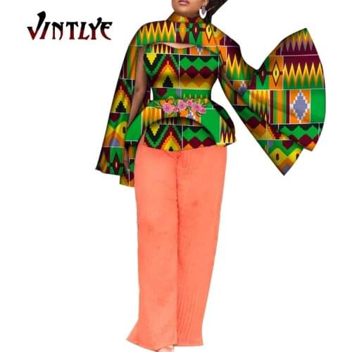 African Fashion Dashiki Women Shirt Bazin Riche Print Flare Sleeve Top with Shawl Lady Casual Top Coat Nigerian Clothes WY7397
