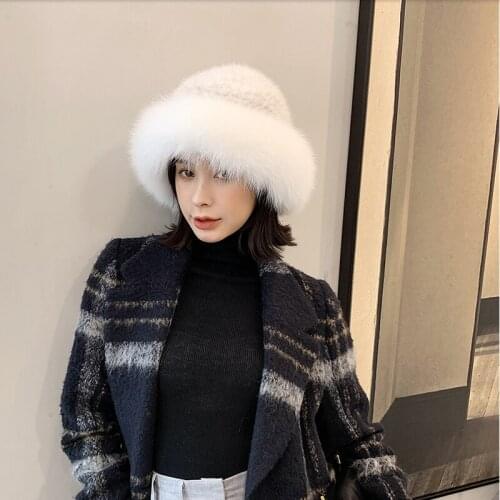Free Shipping New Genuine Mink Fur hat Real fur cap with Fox trimming Winter Knitted Fur Cap 8 colors Wholesale Retail OEM