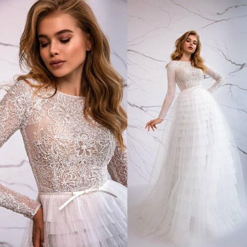 2020 Bohemian Wedding Dresses Long Sleeves Lace Appliques Beads Bridal Gowns Custom Made Sweep Train A Line Wedding Dress
