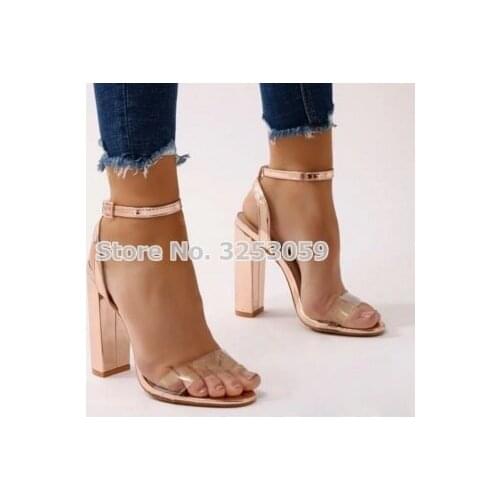 ALMUDENA Ladies Rose Gold Metallic Chunky Heel Sandals Patent Leather Clear PVC Single Strap Dress Shoes Champagne Gold Heels
