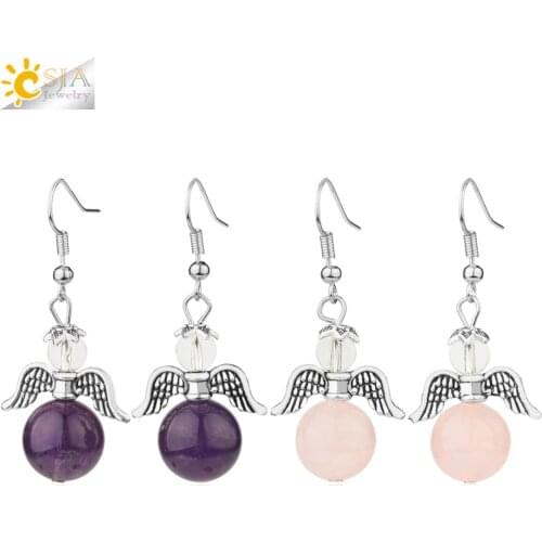 CSJA Natural Stone Angel Dangle Earrings Round Ball Beads Quartz Crystal Drop Earring Angel Wing Fashion Jewelry for Women G117