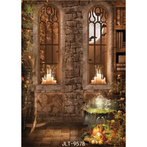 Halloween Backdrop Vintage Ancient Castle Brick Wall Window Candles Pumpkin Photography Backdrops Backgrounds for Photo Studio