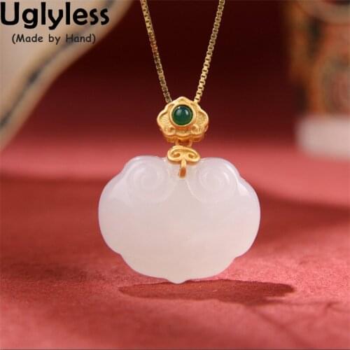 Uglyless Abstract Heart RUYI China Chic Vintage Pendants for Women Ethnic Jade Gemstones Necklaces NO Chains Genuine 925 Silver