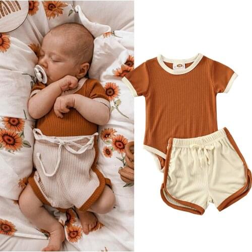 2020 Summer Infant Baby Girls Boys Home Clothes Sets Solid Short Sleeve Romper Tops+Shorts 2pcs 0-24M