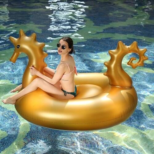 Hot Golden Hippocampus Giant Pool Float Swimming Ring Inflatable Mattress Floating Row Swimming Circle Beach Pool Party Toys
