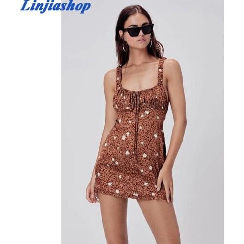 Fashion summer dress women slash neck spaghetti straps floral print backless beach mini dress femme vestidos