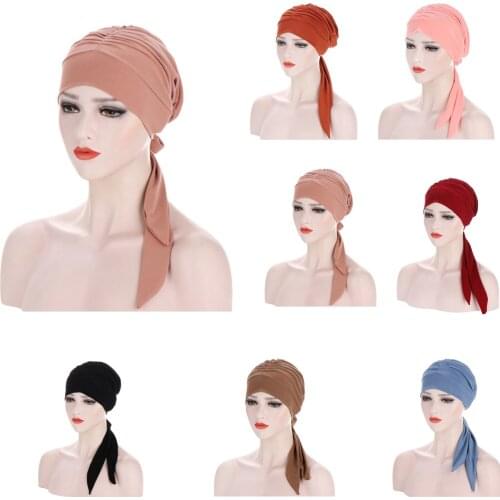 Muslim Turban Hat for Women Pre-Tied Chemo Beanies Caps Solid Color Bandana Headscarf Head Wrap for Cancer Hair Accessories New