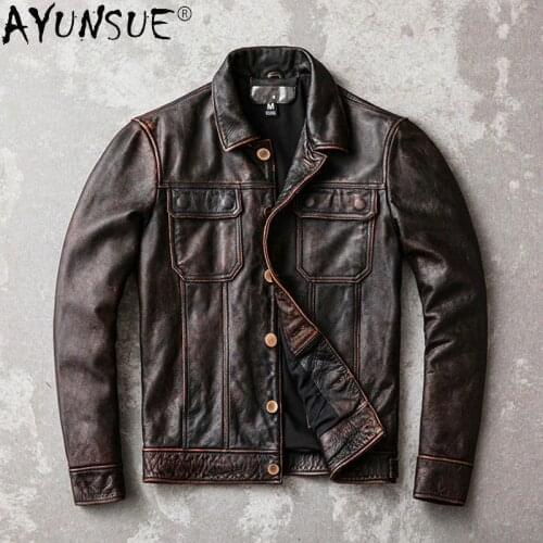 AYUNSUE Mens Jacket Real Cow Leather Clothes 5XL Men Clothing Motocycle Coat Retro Red Brown Denim Jackets Style Ropa LXR391