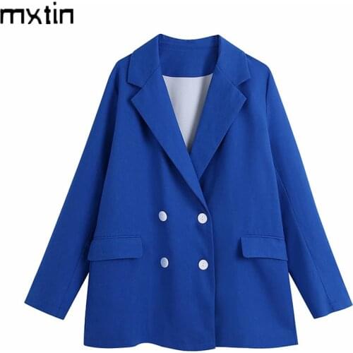 MXTIN 2021 Women Spring Fashion Solid Double Breasted Blazers Coat Vintage Lapel Collar Pockets Office Ladies Casual Chic Tops