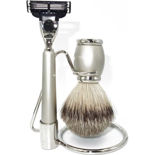 WLONG Men Silvertip Badger Hair Knot Shaving Brush Set on Classic Satin Finish Handle Holder and Stand with Mach 3 Blade