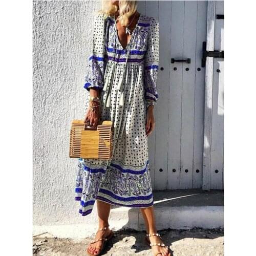 New Bohemian Fashion V-neck Printed Long Sleeve Womens Dress Casual High Quality Ladies Retro Dress Elegant Beach Dress