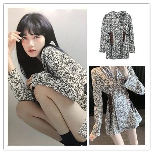 Kpop Korean Celebrity Summer Temperament Long-sleeved Floral Dress Women Streetwear Sexy Slim Lace-Up Waist A-line Mini Dresses