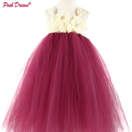 POSH DREAM Elegant Burgundy Flower Girls Tutu Dresses for Wedding Party Lolita Wine red Princess Floral Children Kids Clothes