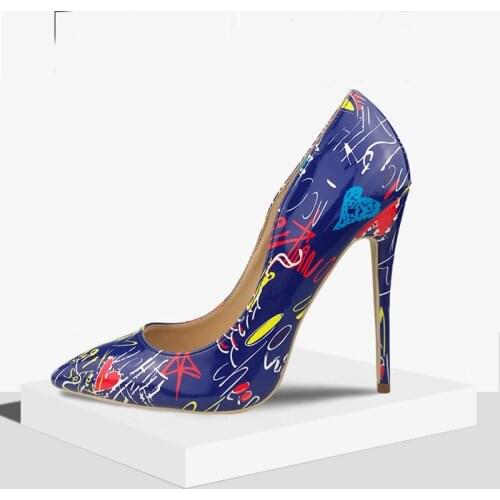 Size35-42 Artistic Graffiti Print Women Sexy Stiletto High Heels Black Ladies Party wedding shoes Pointed Toe Ladies Pumps Shoes