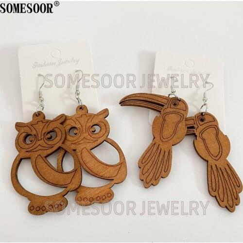 SOMESOOR Jewelry Laser Cutting Animal Image Natural Wooden Irregular Shape Dangle Drop African Earrings For Women