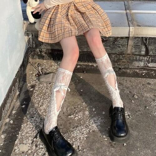 Women Gothic Lolita Floral Lace Calf Socks Harajuku Hollow Heart Sweet Ruched Lace-Up Bowknot Mesh Kawaii Tube Stockings