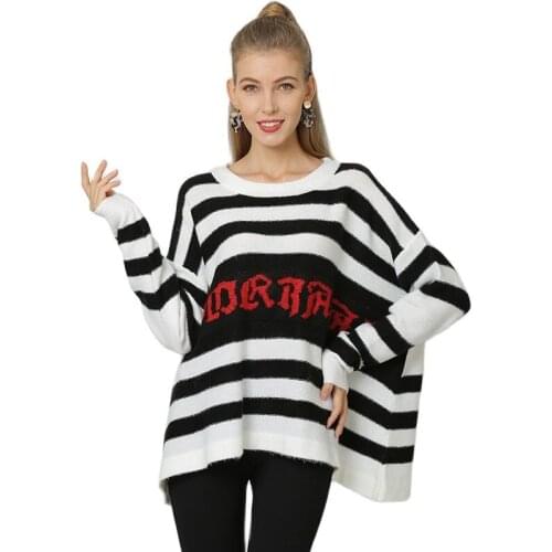 Oversized Sweater Women Stripe Pullover Dress Casual Pull Knitted Clothes Korea Style Letter Print Black White AII-match Tops
